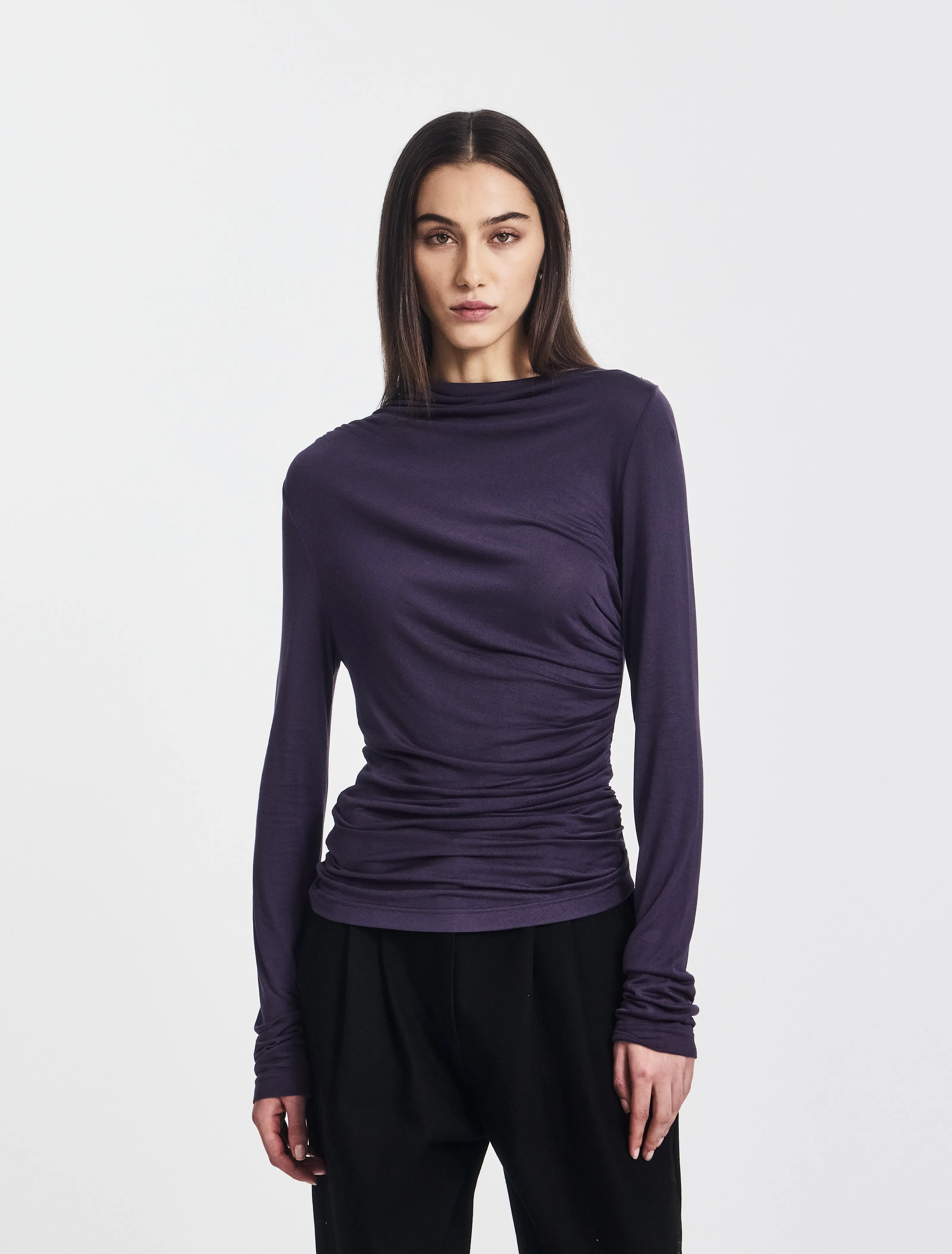 Iphis Draped Long Sleeve Top in Aubergine sold by Ninety Percent product image thumbnail 2