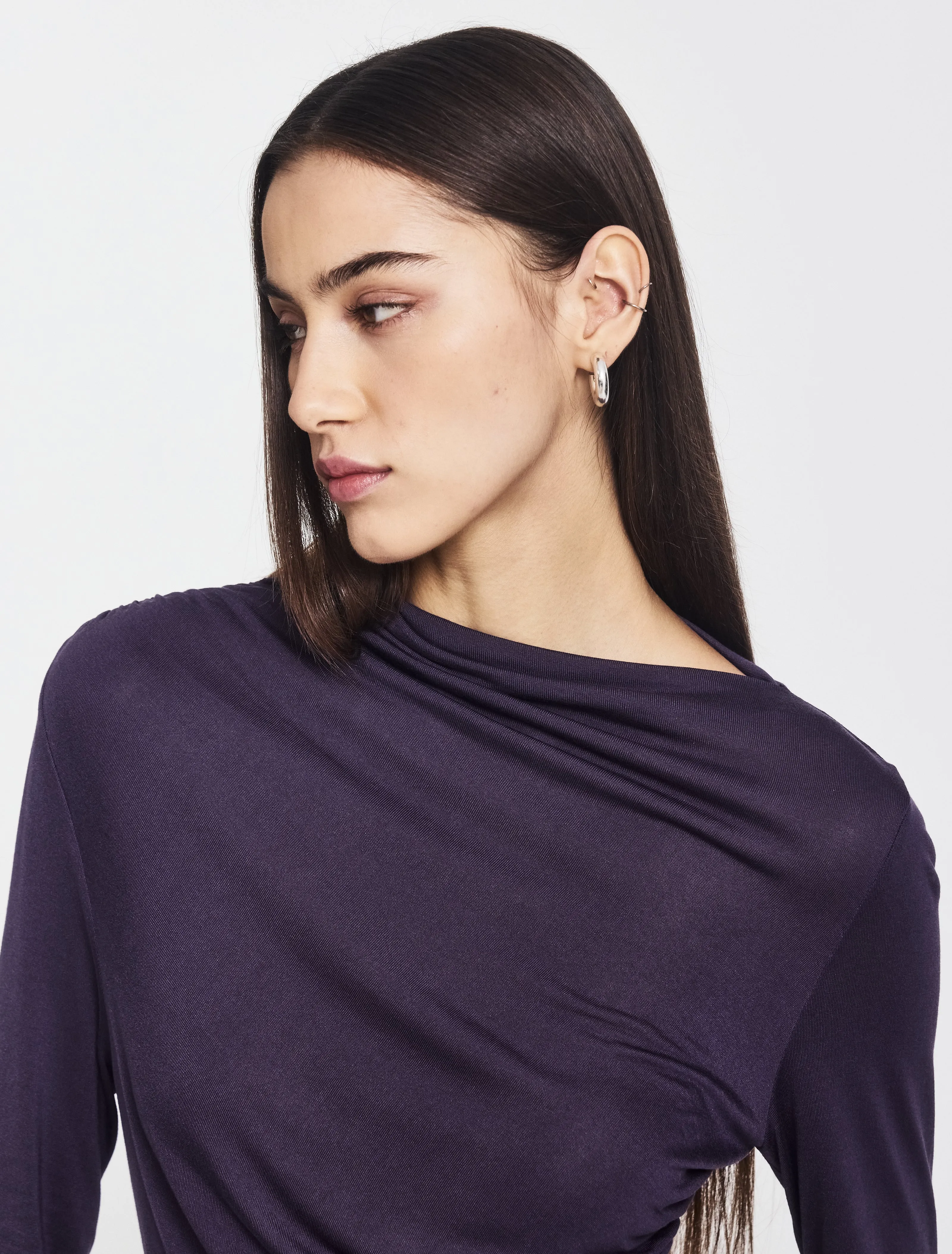 Iphis Draped Long Sleeve Top in Aubergine sold by Ninety Percent