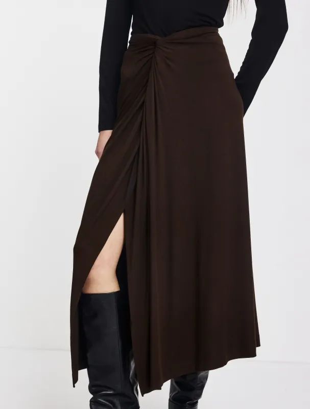 Sadie Twist Midi Skirt in Bitter Chocolate sold by Ninety Percent