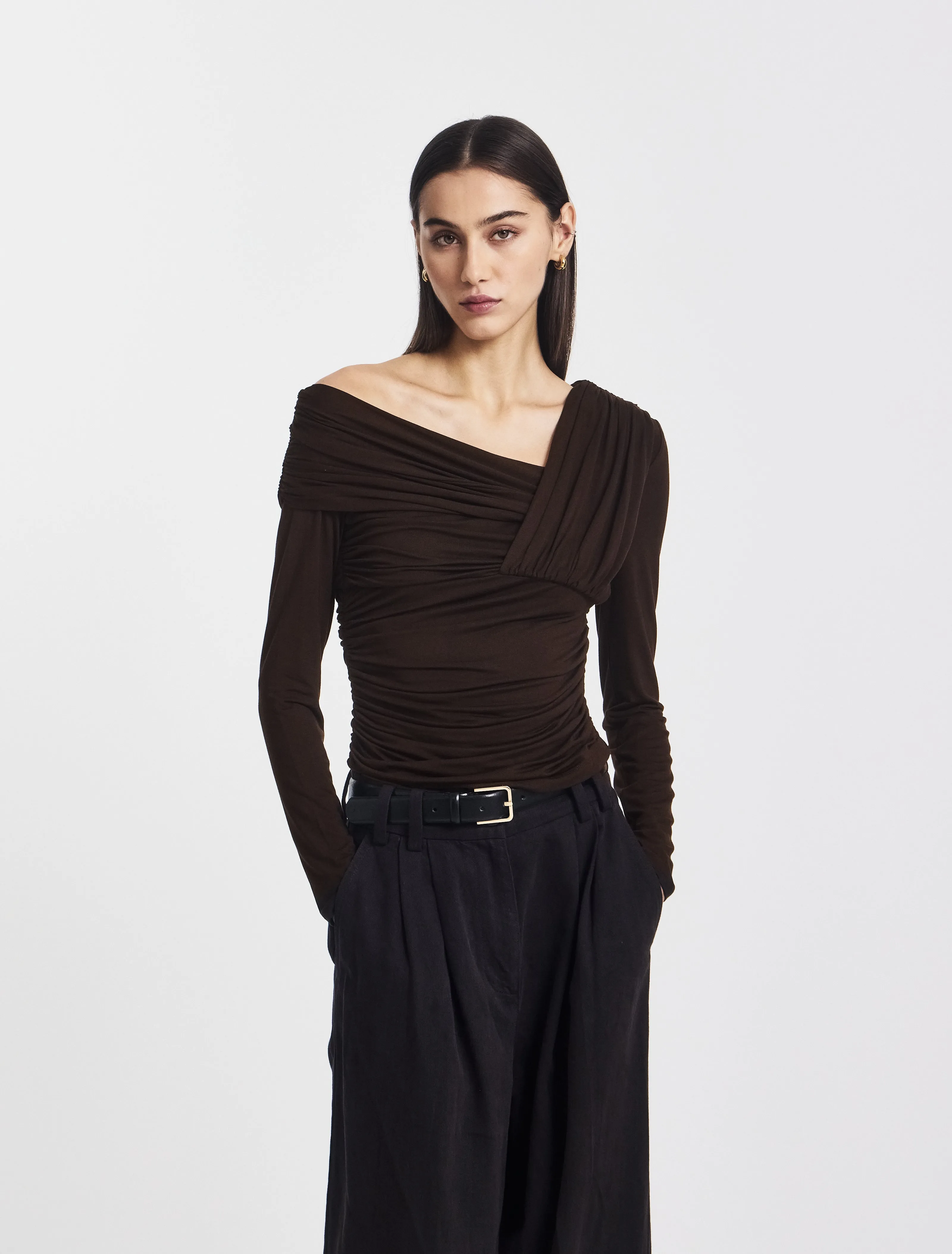 Corey Ruched Long Sleeve Top in Bitter Chocolate sold by Ninety Percent product image thumbnail 2