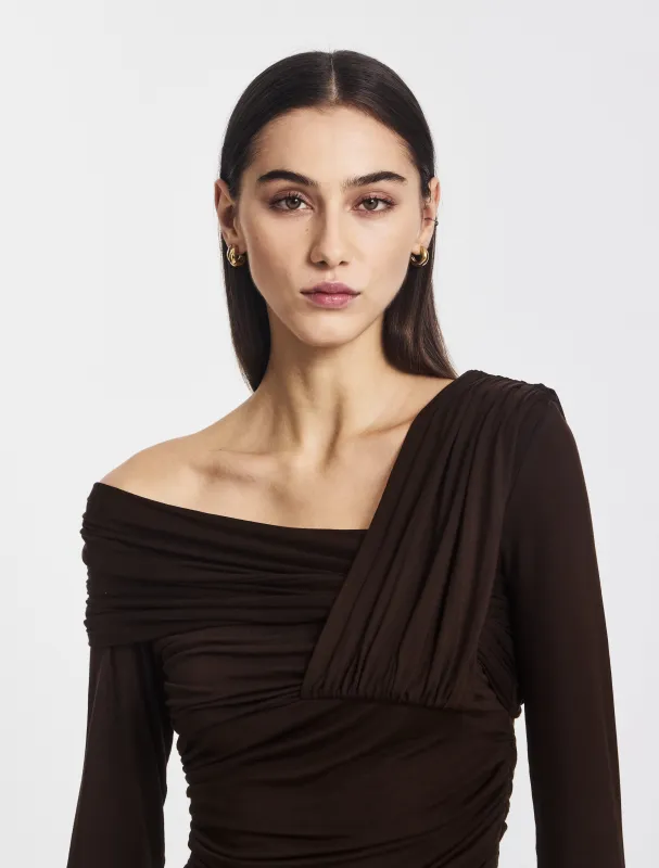 Corey Ruched Long Sleeve Top in Bitter Chocolate sold by Ninety Percent