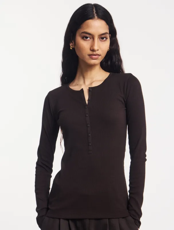 Classic Rib Henley in Bitter Chocolate made by Ninety Percent