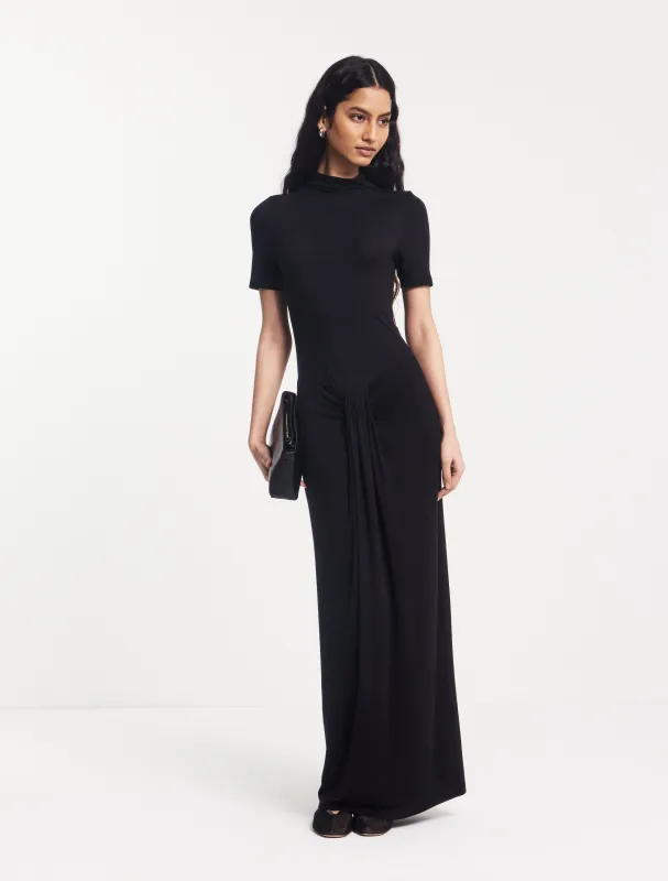 Nell Sarong Skirt Funnel Neck Dress in Black made by Ninety Percent