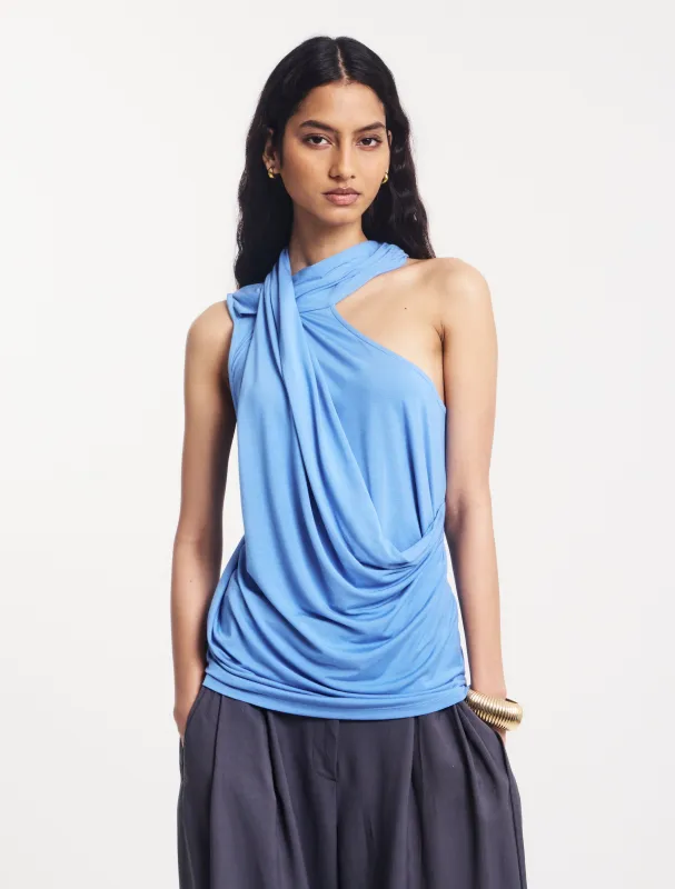 Zora Drape High Neck Top in Cornflower sold by Ninety Percent