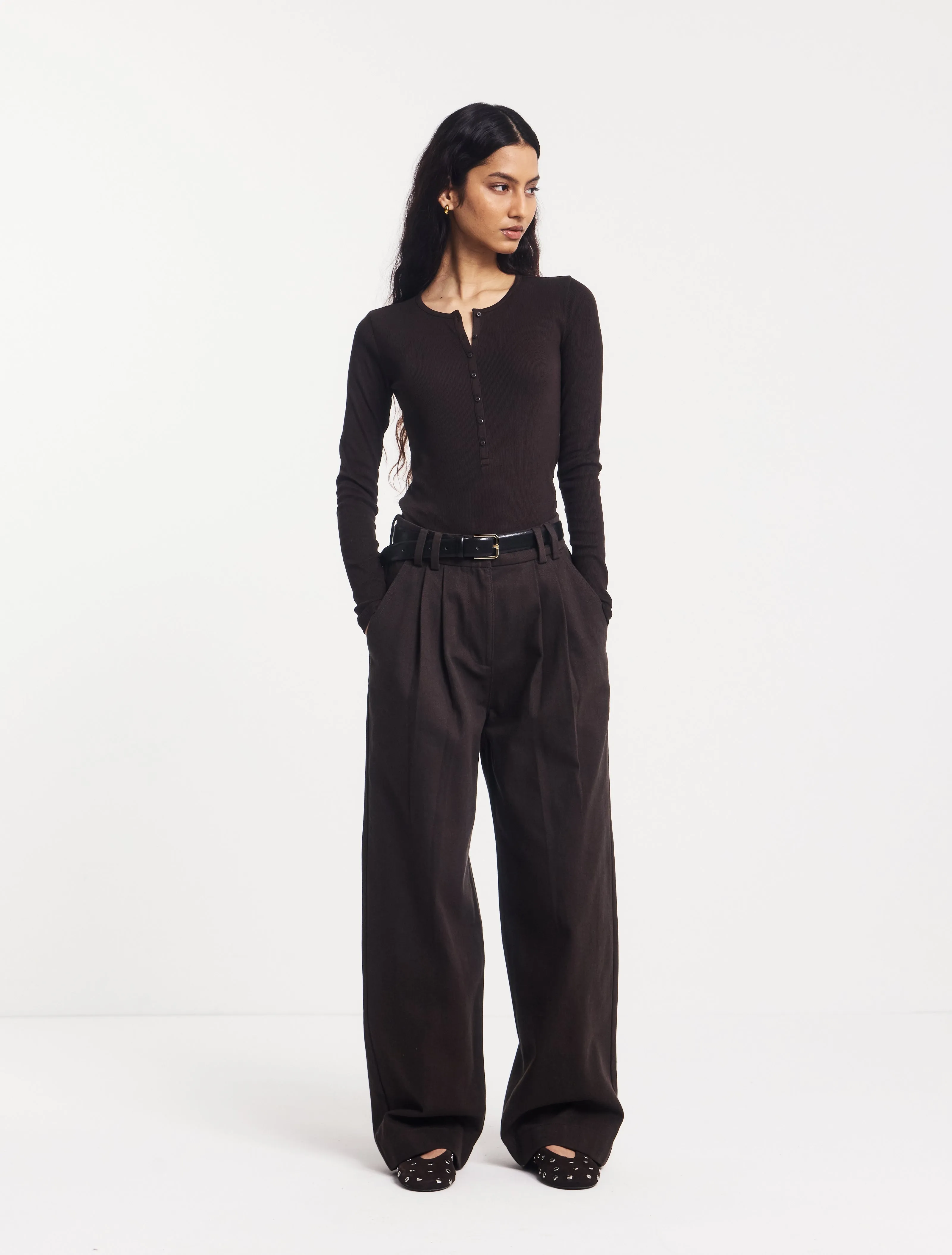 Organic Cotton Denim Trousers in Bitter Chocolate sold by Ninety Percent