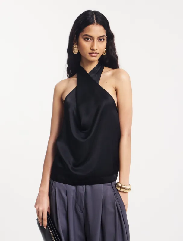 Cleo Wrap Halter Top in Black sold by Ninety Percent