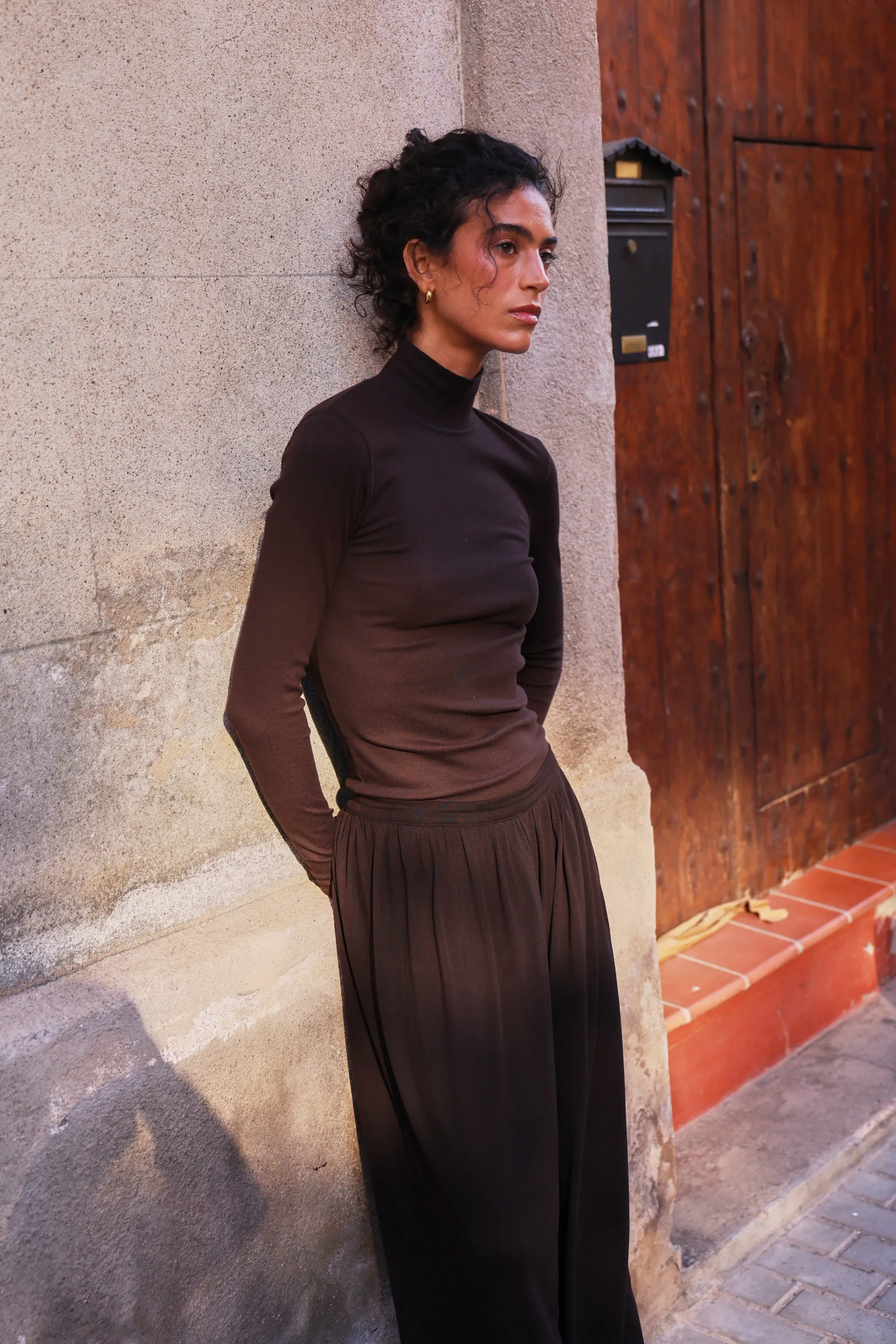 Classic Rib High Neck Top in Bitter Chocolate sold by Ninety Percent