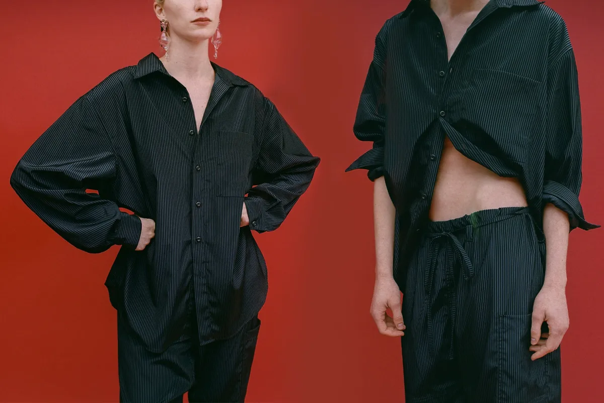 Big Flocked Stripe Button Up - Navy/Black made by Gil Rodriguez