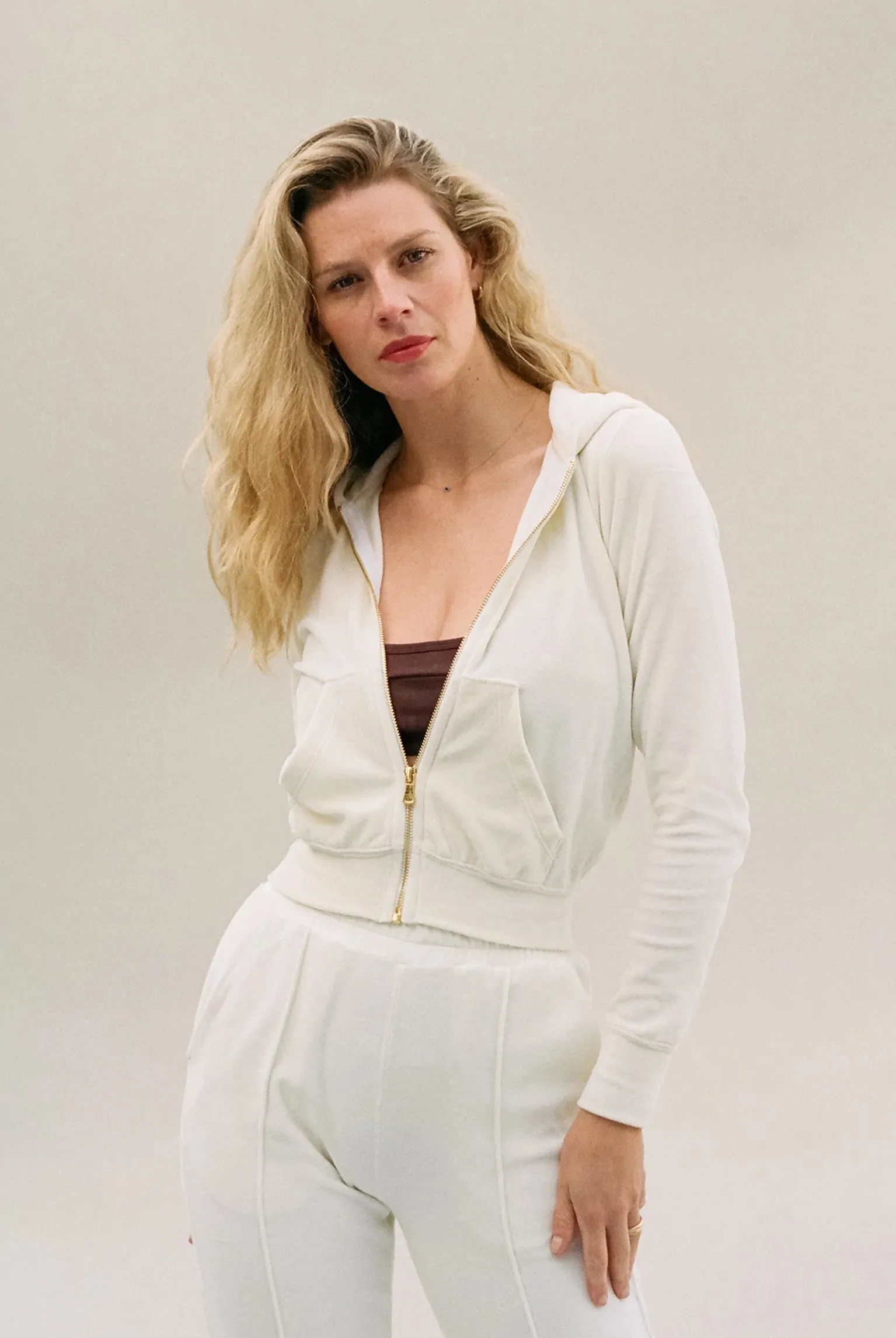 Velour Zip Up Crop Hoodie - Cream (2nd Quality) sold by Gil Rodriguez product image thumbnail 3