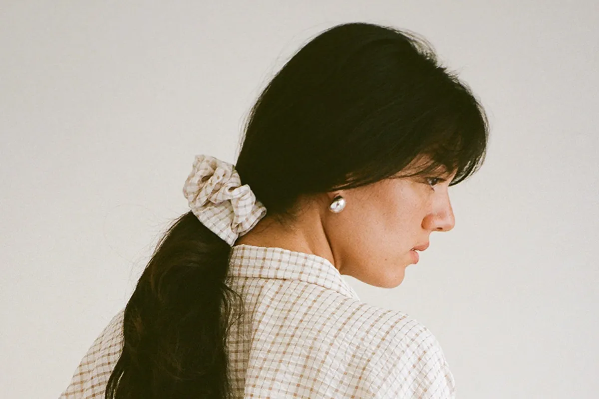 Plaid Crinkle Scrunchie - White/Tan sold by Gil Rodriguez