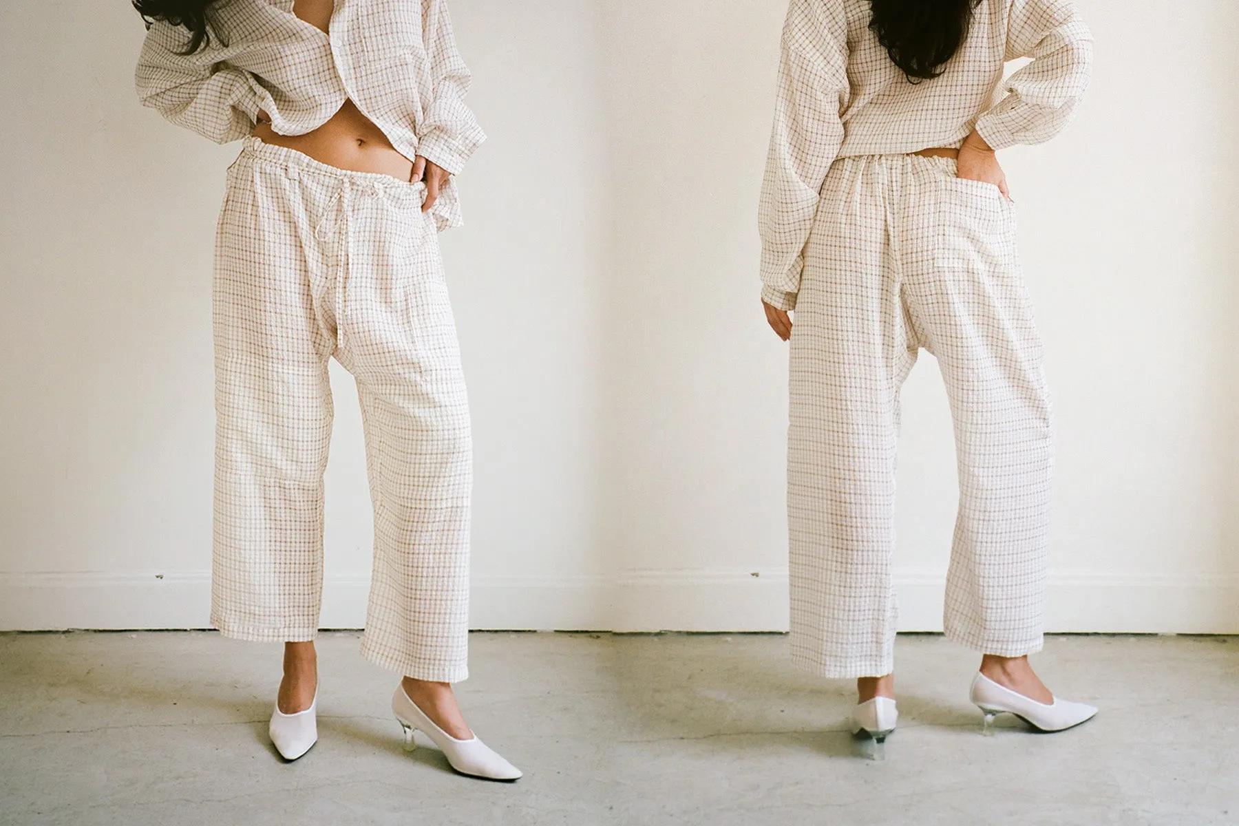 Plaid Crinkle Lou Pant - White/Tan sold by Gil Rodriguez
