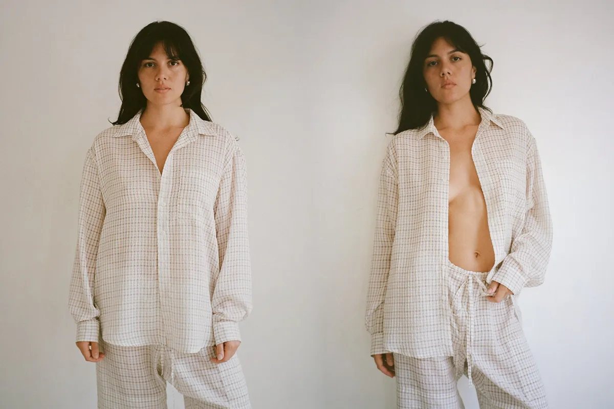 Plaid Crinkle Big Button Up - White/Tan made by Gil Rodriguez