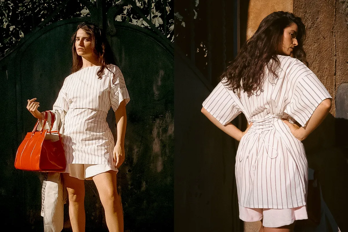 Skipper Shirt Dress - Burgundy Striped Poplin made by Gil Rodriguez