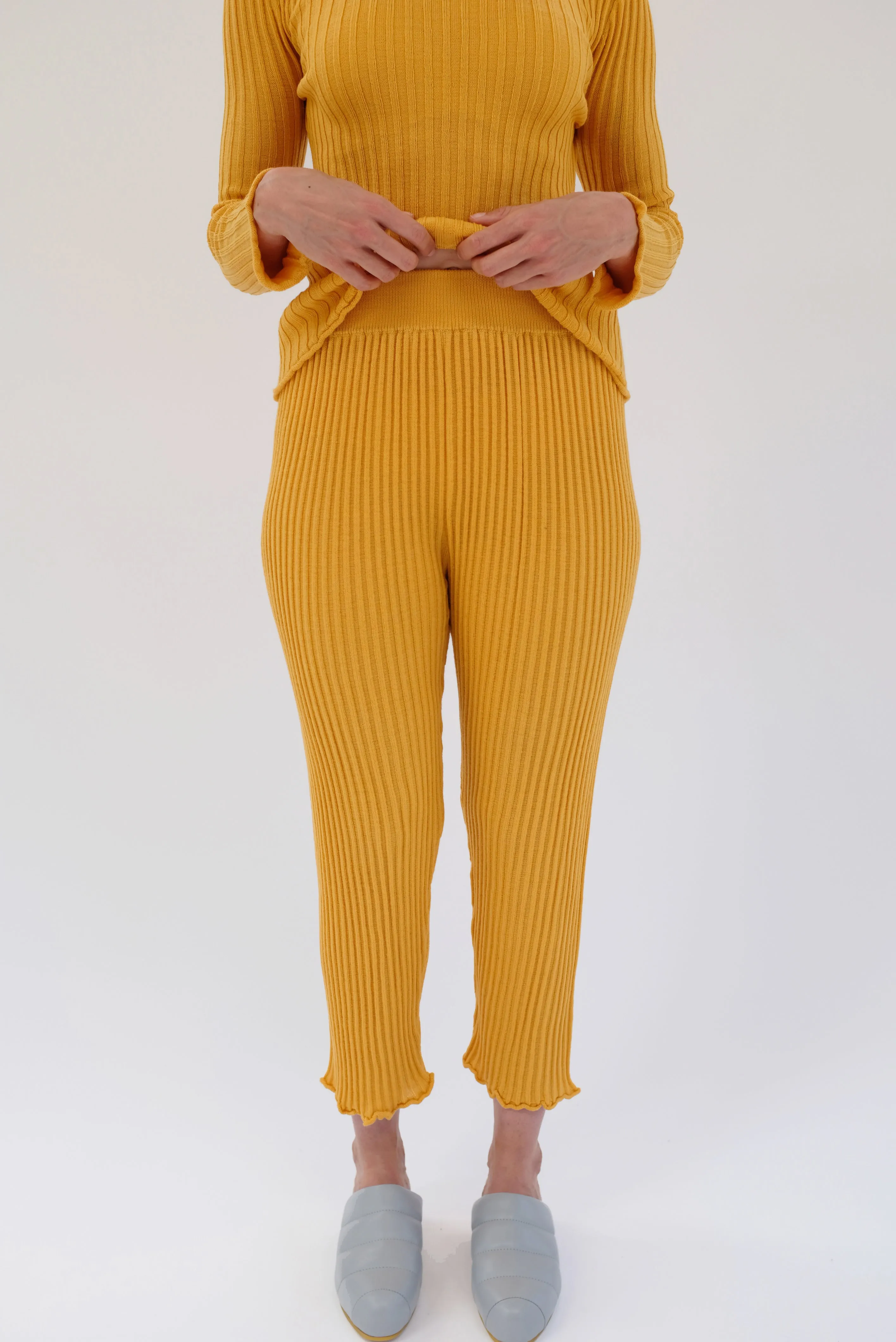 Beklina Merino Ribbed Joggers Saffron sold by Beklina