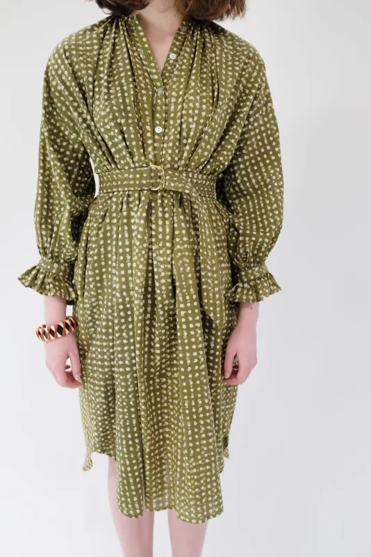 Heinui Dino Dress Olive Green Dots sold by Beklina