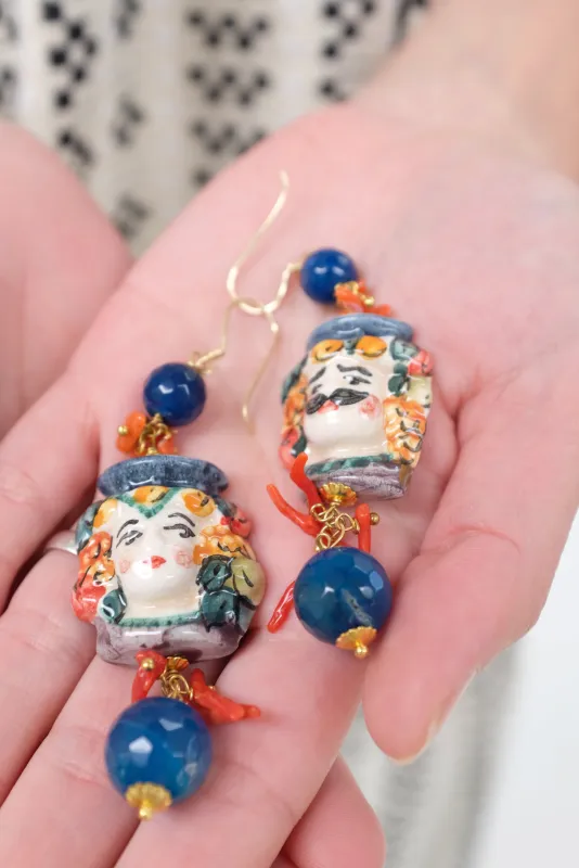 Italian Hand Painted Ceramic Earrings Blue Faces sold by Beklina