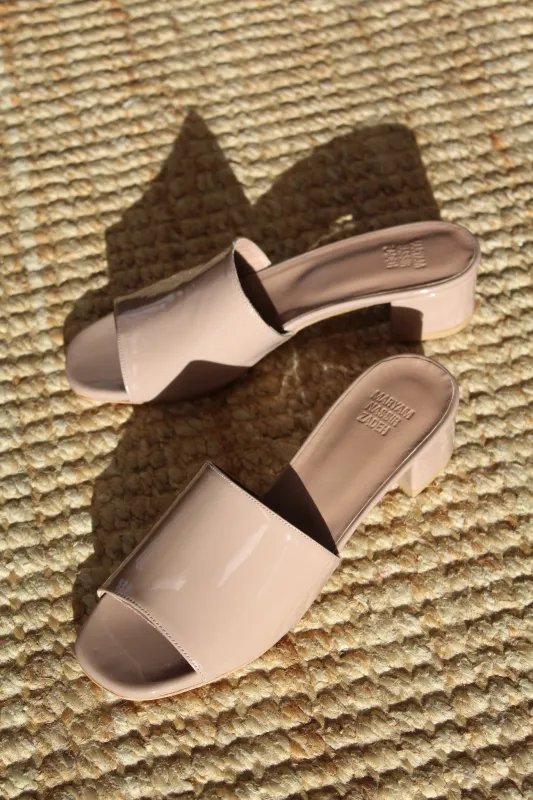 MNZ Sophie Slide Taupe Patent Leather sold by Beklina