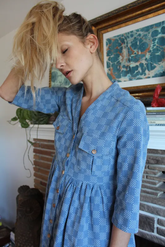 Heinui Noe Dress Bleached Sashiko Embroidered Cotton sold by Beklina