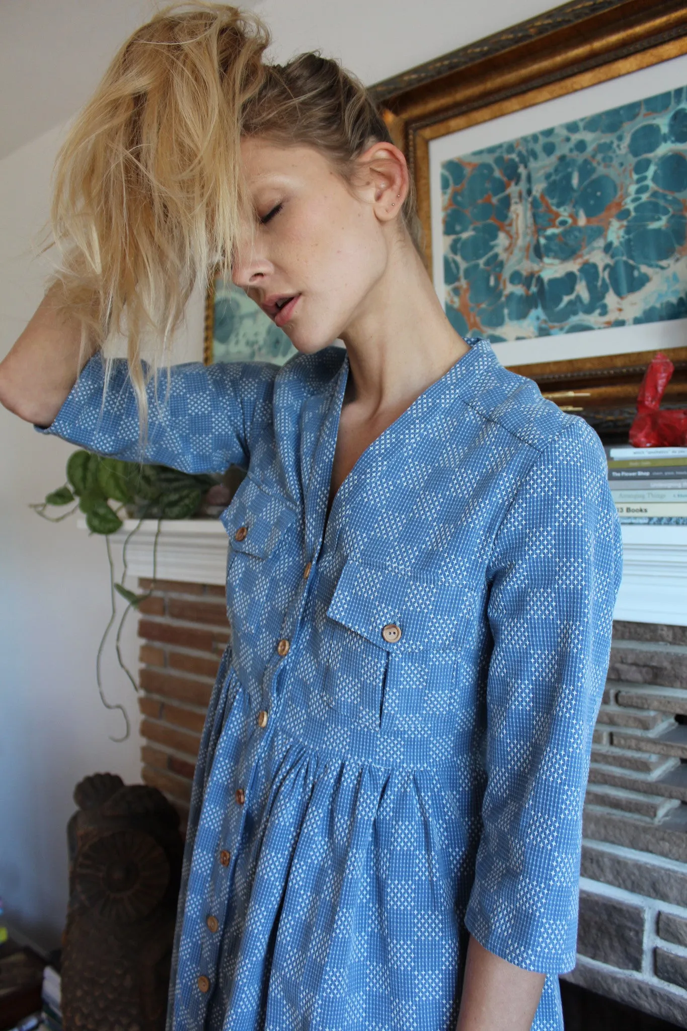 Heinui Noe Dress Bleached Sashiko Embroidered Cotton sold by Beklina