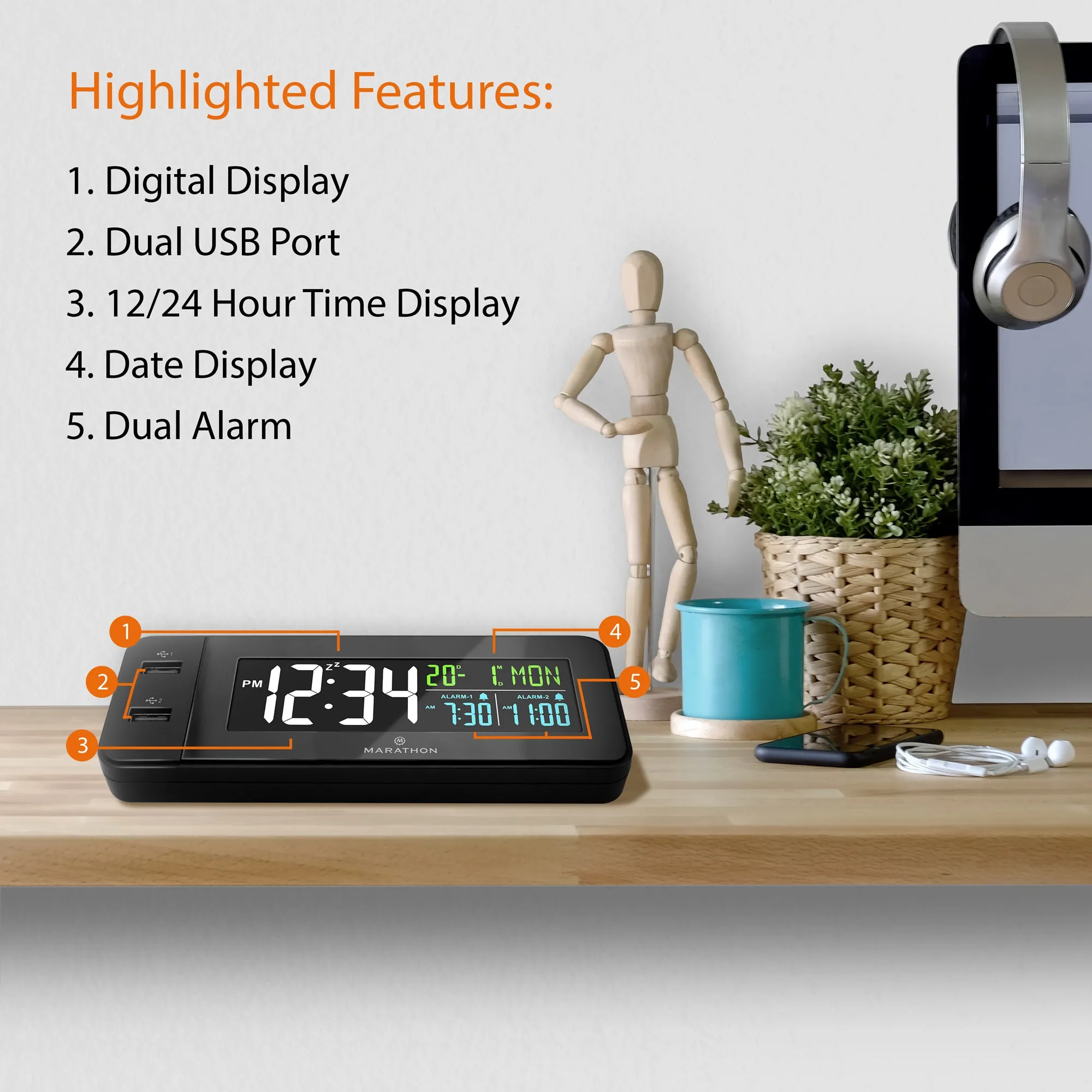 Hotel Collection - Fast Charging Dual USB-C Alarm Clock (Black) sold by Marathon Watch product image thumbnail 3