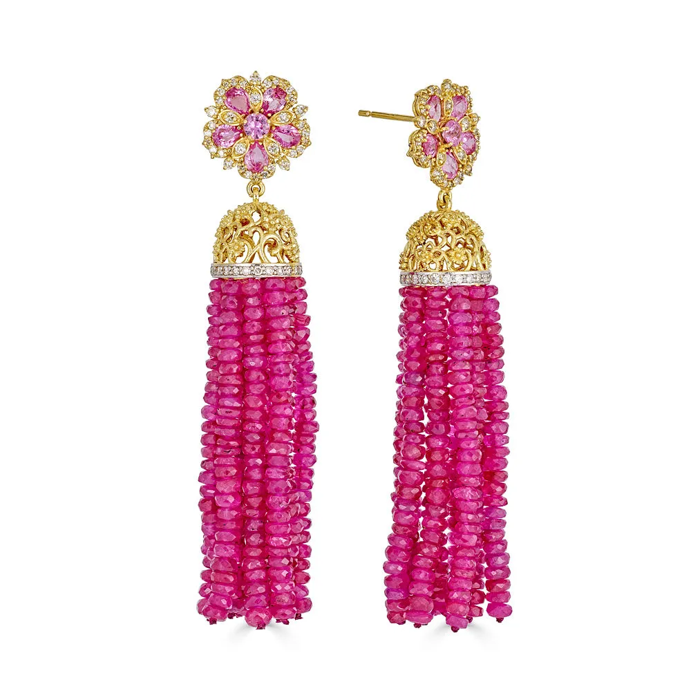 Jasmine Bloom Tassel Earrings with Pink Sapphires & Diamonds sold by Tanya Farah