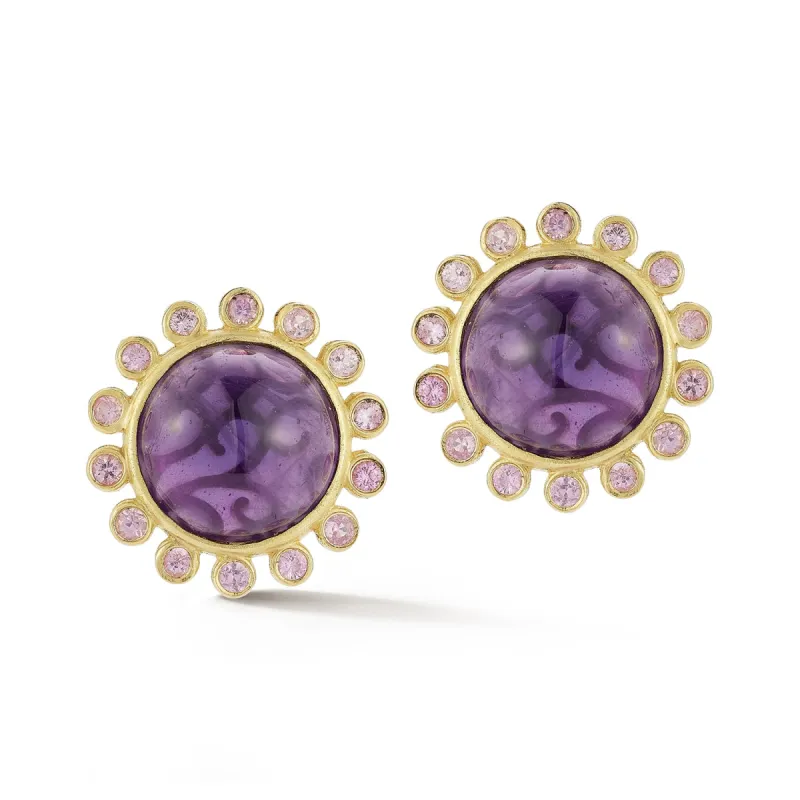 Amethyst Sunburst Sapphire Button Earrings made by Tanya Farah