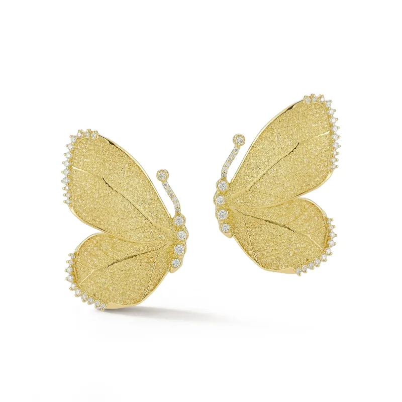 Large Textured Gold Leaf Butterfly Wing Diamond Earrings sold by Tanya Farah