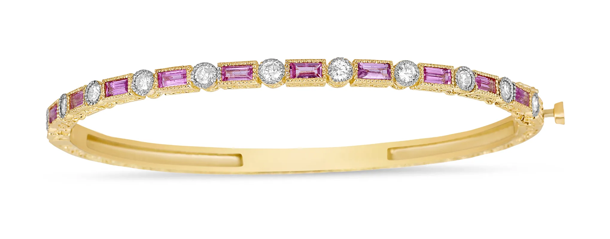 Pink Sapphire Baguette & Diamond Bezel Bangle sold by Tanya Farah