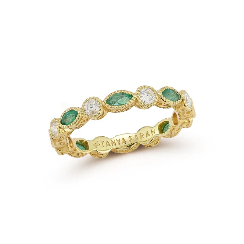 Marquise Emerald & Round Diamond Bezel Stack Ring sold by Tanya Farah