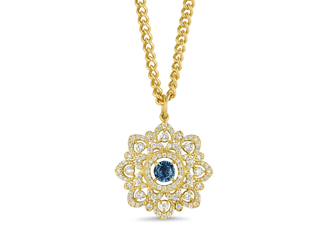 Round Lattice Necklace with Diamonds & Blue Sapphire made by Tanya Farah