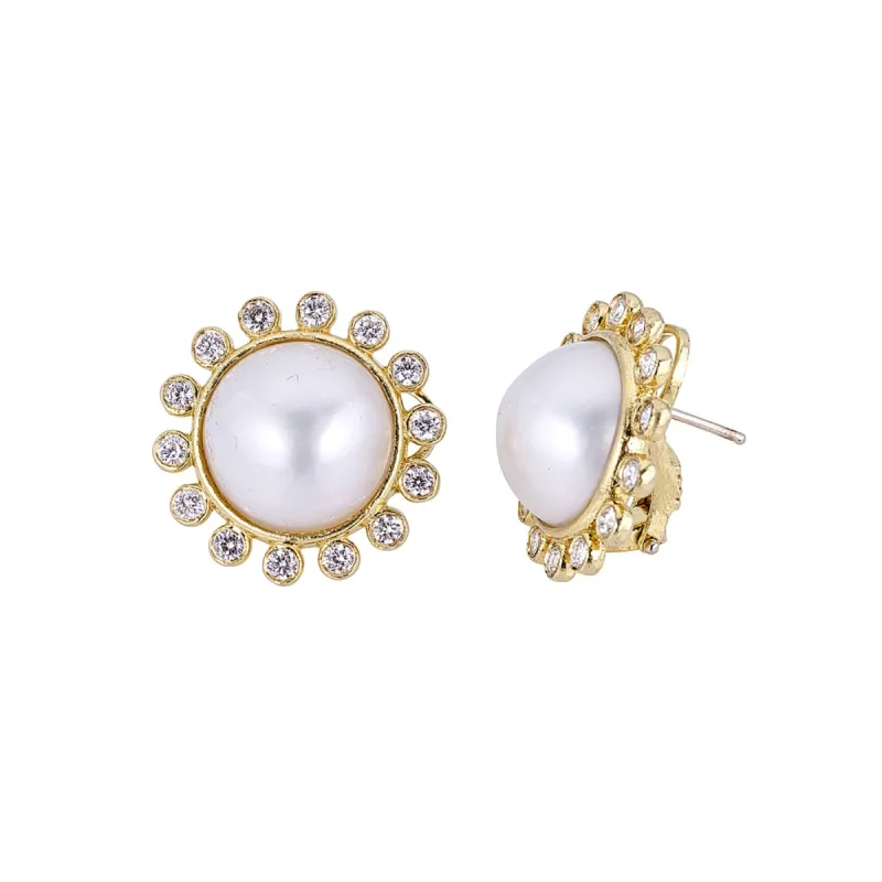Pearl Sunburst Diamond Button Earrings sold by Tanya Farah