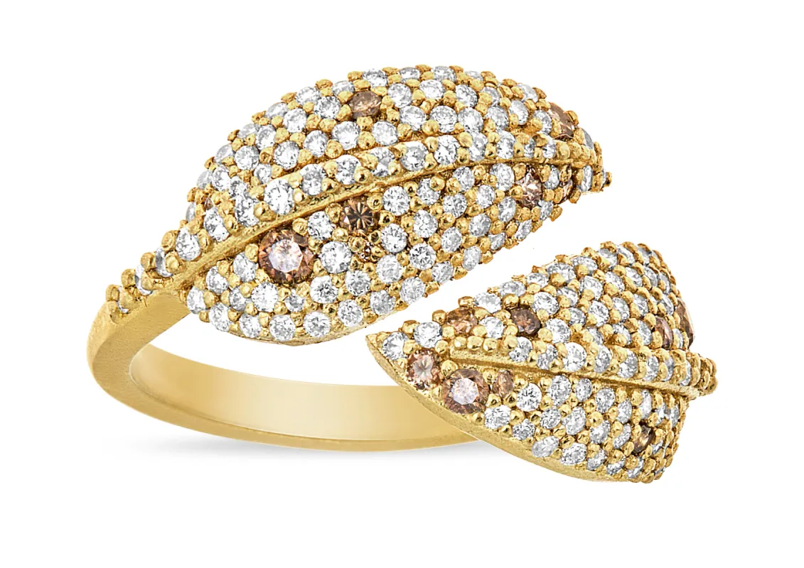 Tree of Life Leaf Bypass Ring with Champagne & White Diamonds sold by Tanya Farah