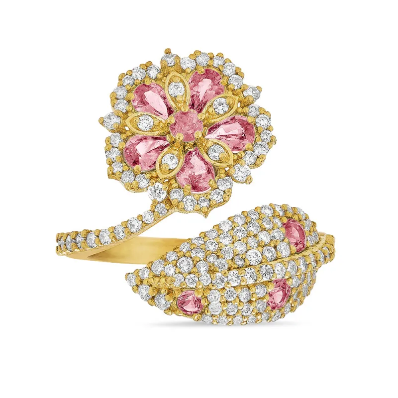 Small Jasmine Bloom Bypass Ring with Pink Sapphires & Diamonds sold by Tanya Farah