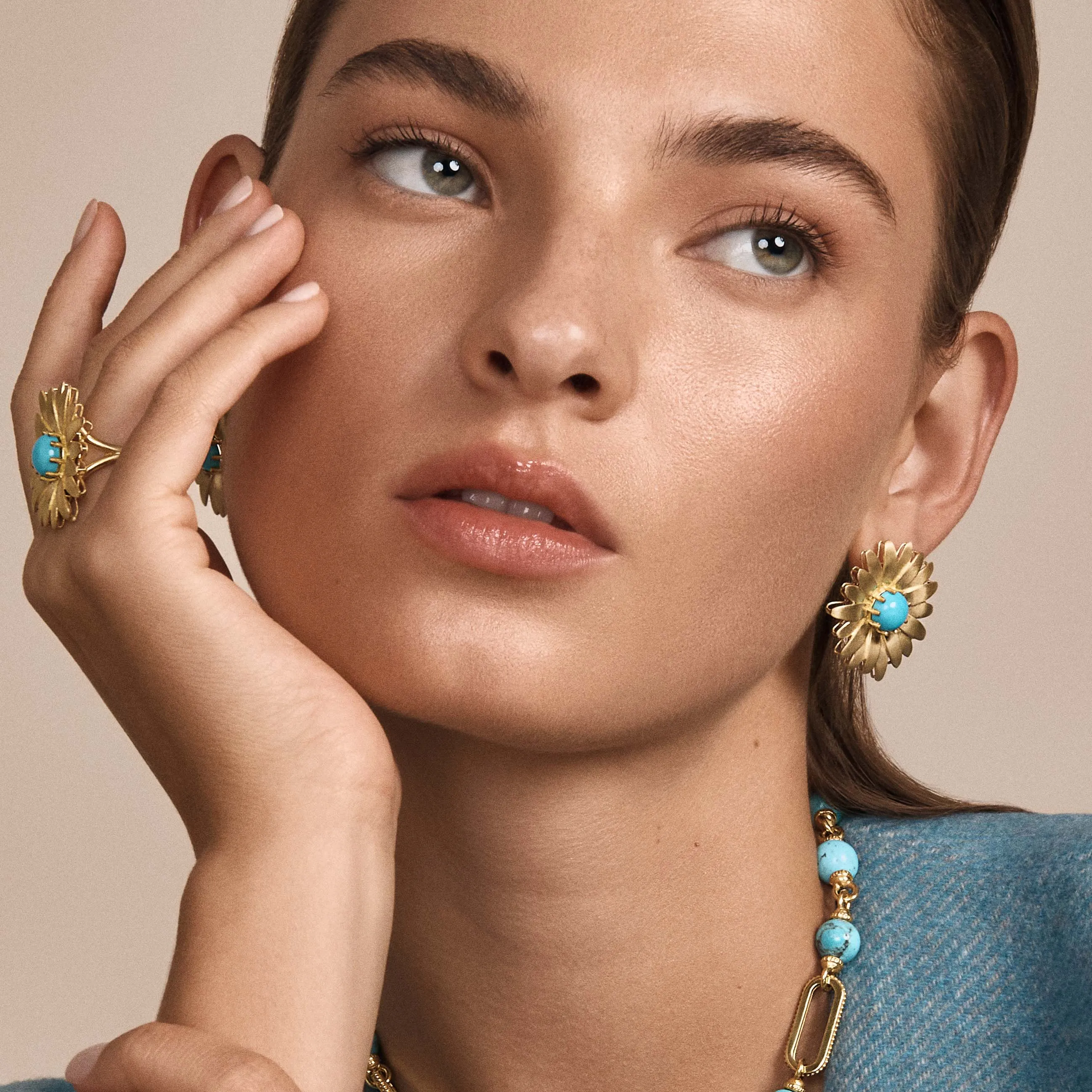 Large Gold Daisy Earrings with Turquoise sold by Tanya Farah product image thumbnail 2