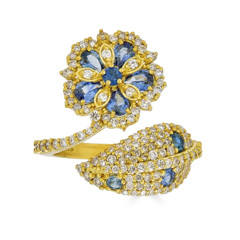 Small Jasmine Bloom Bypass Ring with Ceylon Sapphires & Diamonds sold by Tanya Farah