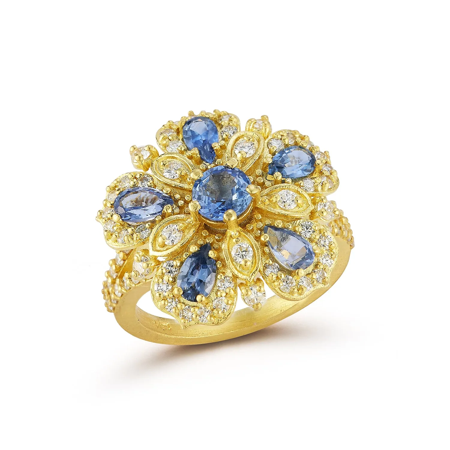 Large Jasmine Bloom Ring with Ceylon Sapphire & Diamonds sold by Tanya Farah