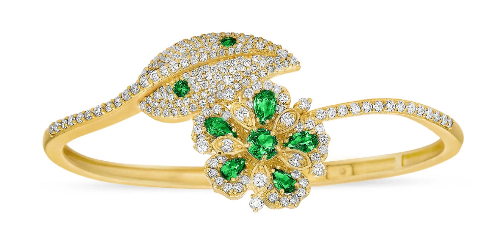 Large Jasmine Bloom Bypass Leaf Bangle with Emeralds & Diamonds made by Tanya Farah