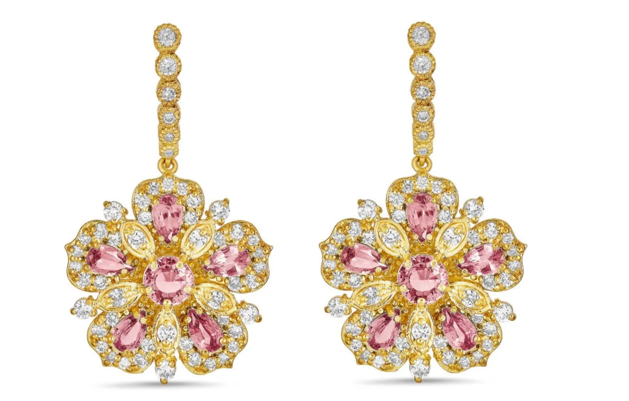 Large Jasmine Bloom Drop Earrings with Pink Sapphire & Diamonds sold by Tanya Farah