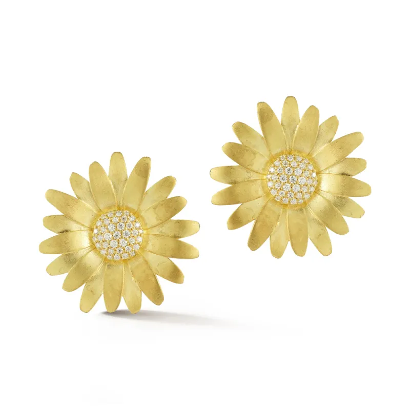 Large Gold Daisy Earrings with Diamonds sold by Tanya Farah