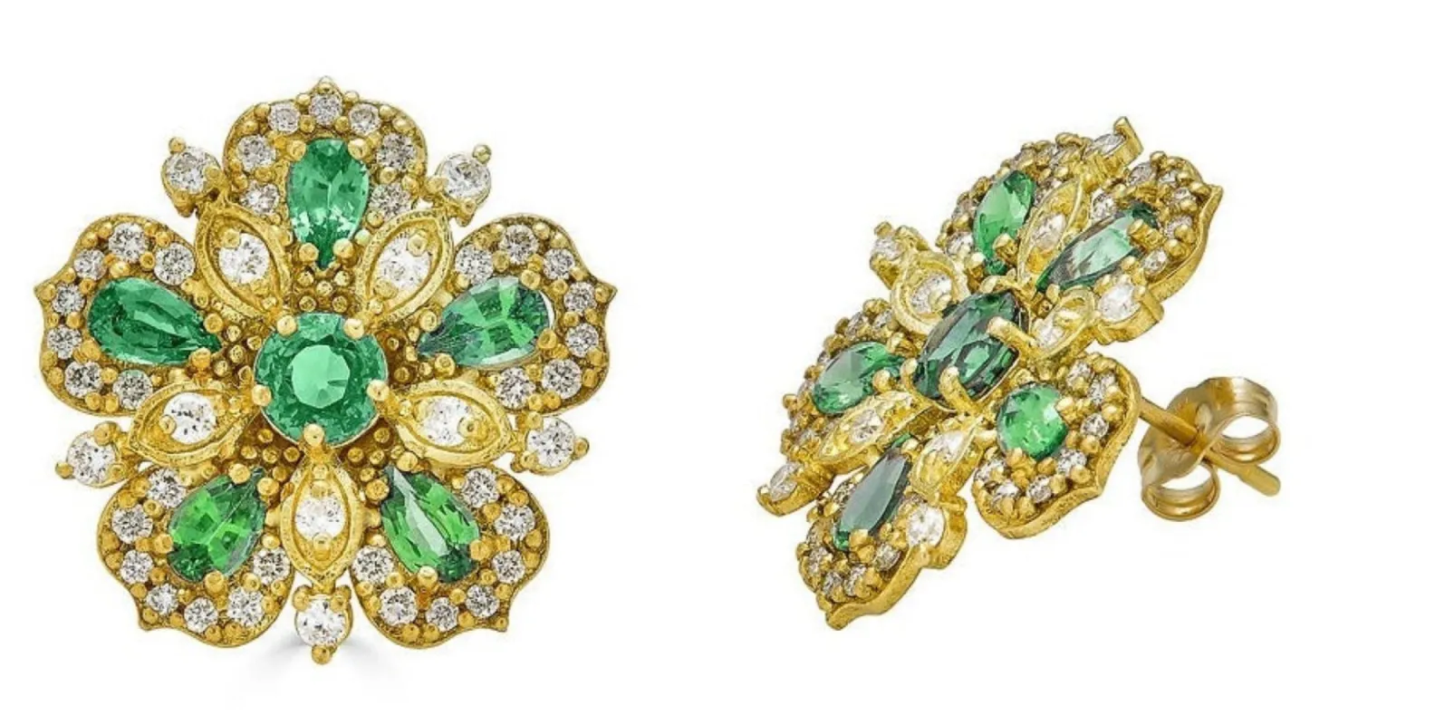Large Jasmine Bloom Earrings with Emeralds & Diamonds sold by Tanya Farah