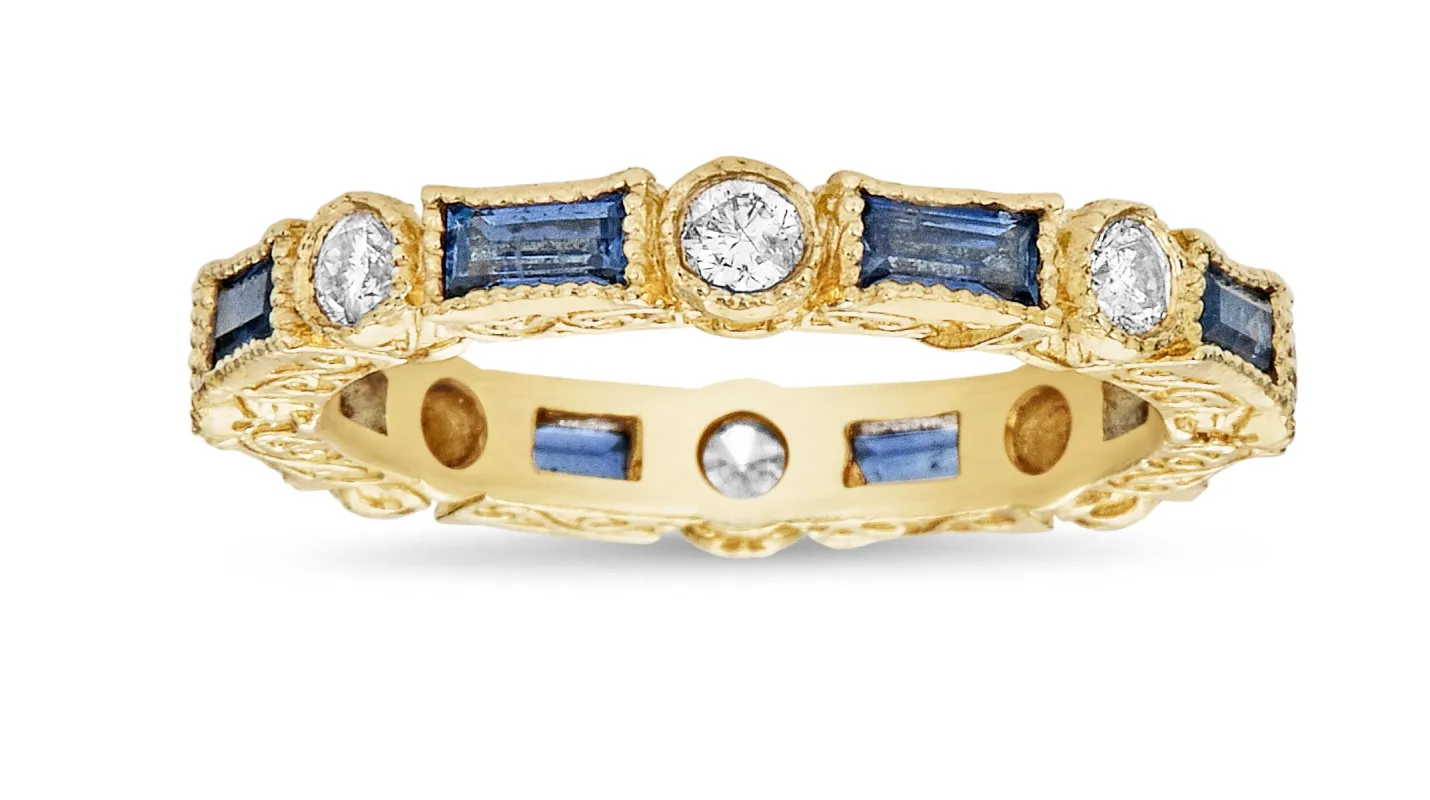 Baguette Blue Sapphire & Round Diamond Bezel Stack Ring sold by Tanya Farah