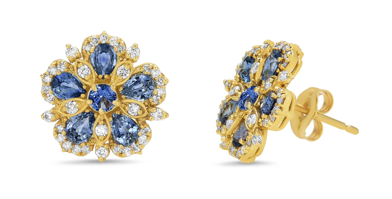 Small Jasmine Bloom Earrings with Ceylon Sapphires & Diamonds sold by Tanya Farah