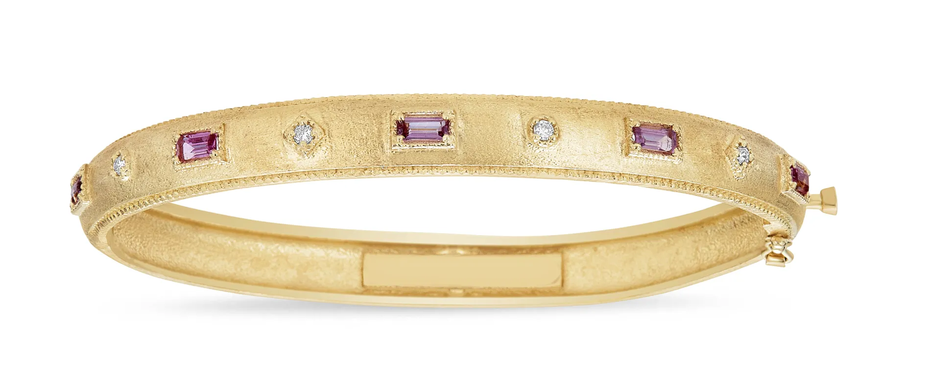 Pink Sapphire Baguette & White Diamond Bezel Bangle sold by Tanya Farah
