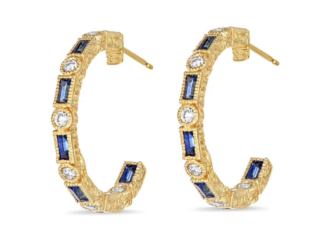 Blue Sapphire Baguette & Diamond Bezel Hoop Earrings sold by Tanya Farah
