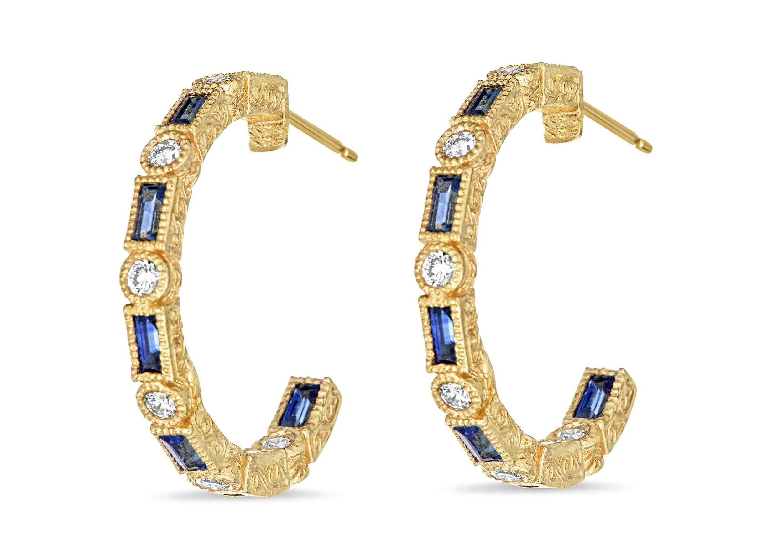 Blue Sapphire Baguette & Diamond Bezel Hoop Earrings sold by Tanya Farah