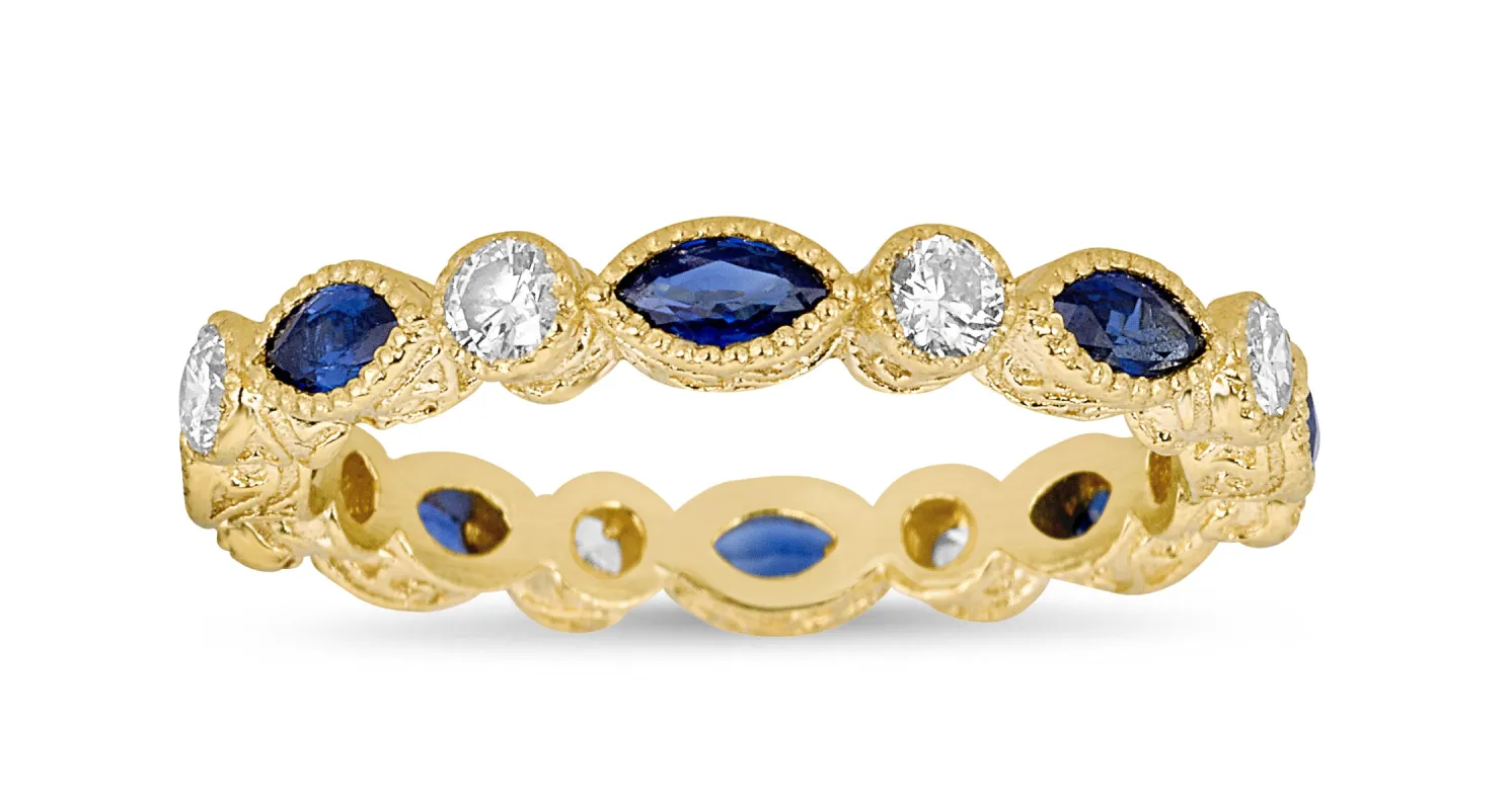 Marquise Blue Sapphire & Round Diamond Bezel Stack Ring sold by Tanya Farah