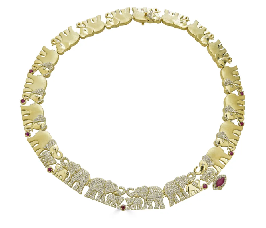 Elephant Family & Diamond Collar Necklace sold by Tanya Farah