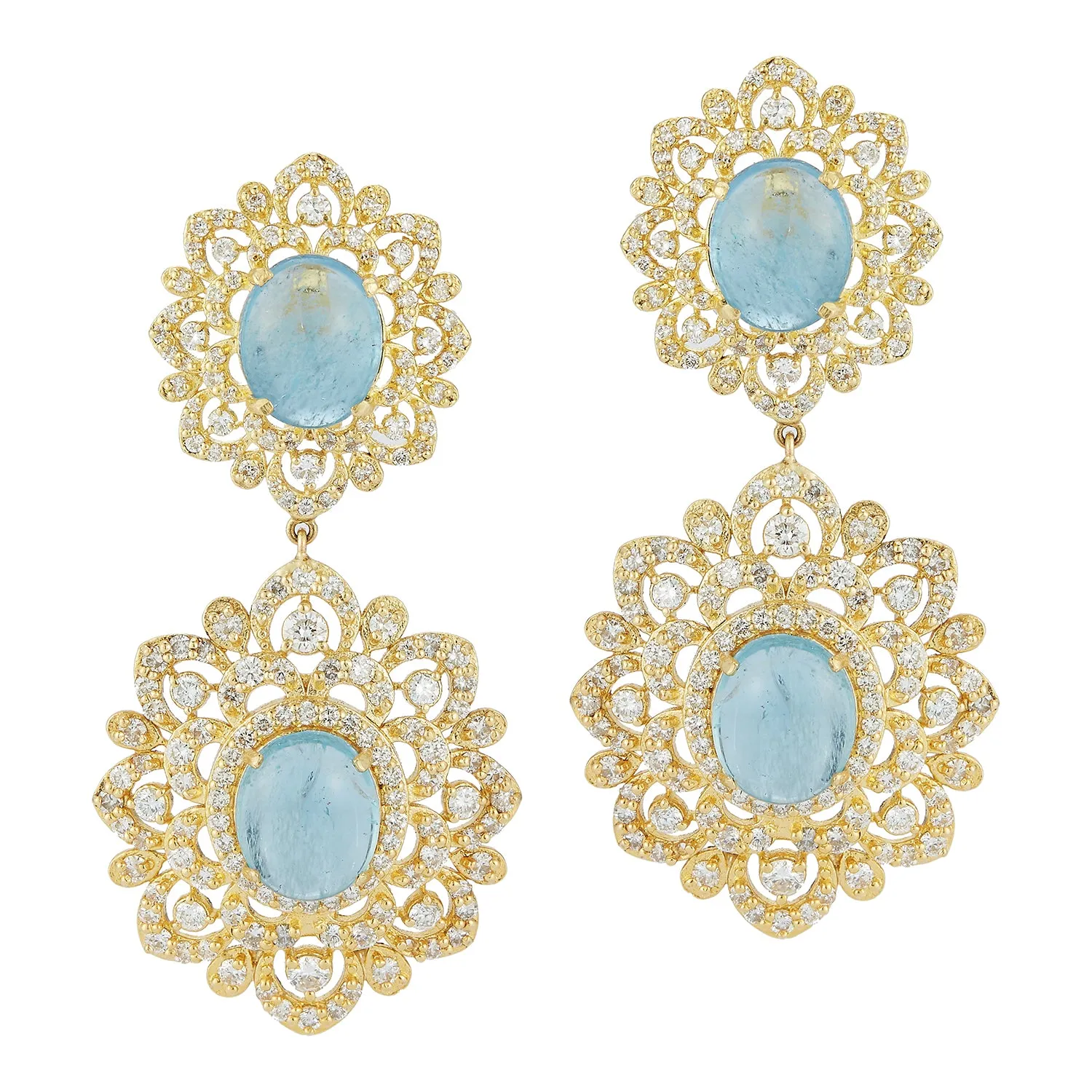 Double Oval Lattice Earrings with Aquas & Diamonds sold by Tanya Farah