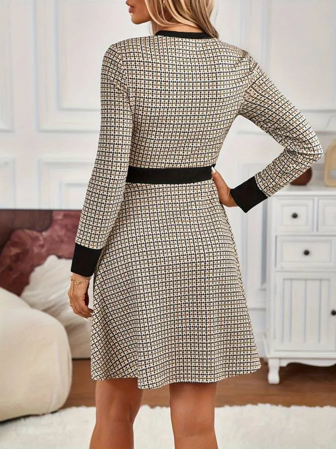 Khaki Houndstooth Button-Up Long Sleeve Dress sold by Viva Estel product image thumbnail 2