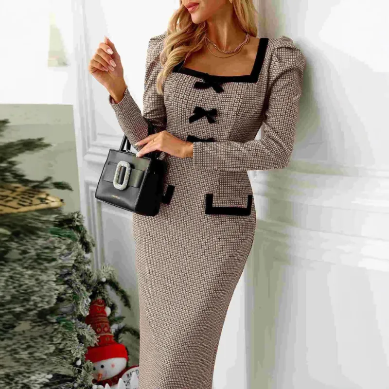 Khaki Plaid Long Sleeve Stretch Knit Dress sold by Viva Estel